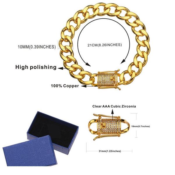 

karopel crystal cz zircon triple lock bracelet 10mm cuban link box clasp bracelet men female hip hop jewlery drop wmtfcw, Black
