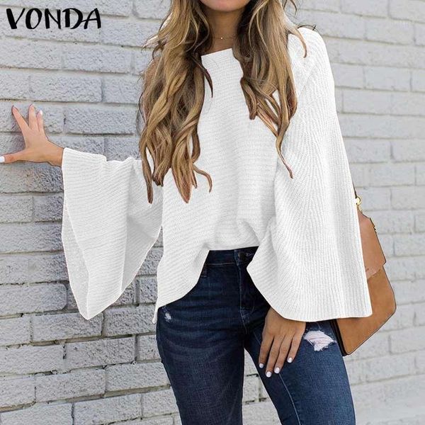 

vonda woman 2020 bell sleeve blouse autumn winter loose knitwear pullover shirts plus size bohemian party blusas 5xl tunics1, White