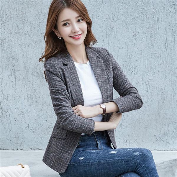 

2020 spring women slim office lady long sleeve plaid blazer notched pockets fashion coat single button female clothes d8161, White;black