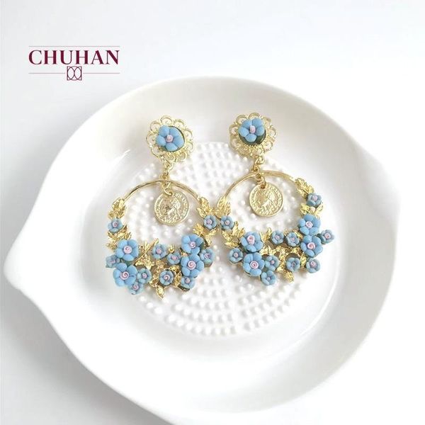 

chuhan new retro pastoral fresh flower big ring earrings fashion women jewelry wholesale ceramic flower earrings j578, Golden;silver