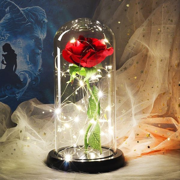 Romance Artificiales Fiore In Cupola Di Vetro La Bella E La Bestia Rosa LED Batteria Compleanno San Valentino Presente Regalo