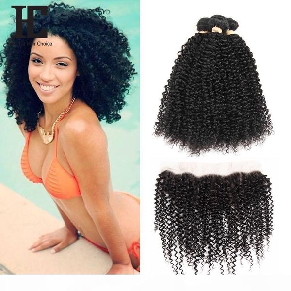 

hc hair brazilian kinky curly human hair wefts with 13x4 ear to ear lace frontal natural color can be dyed unprocessed human hair, Black;brown