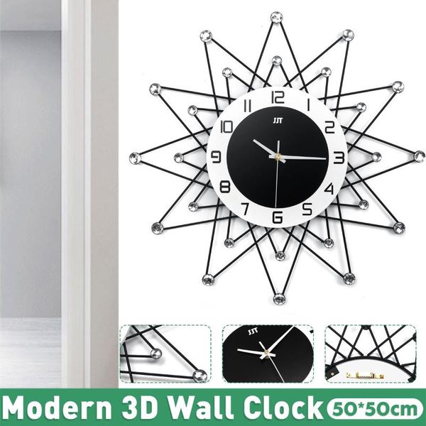 

50cm large luxury clock crystal sunburst metal wall clock vintage metal art decorative diamond big wall watch home art decor