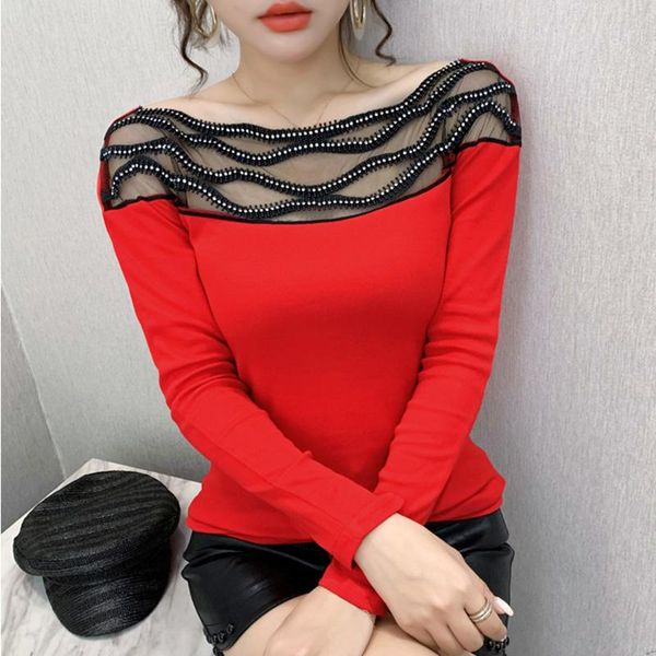 

women's t-shirts new 2021 autumn long sleeve woman tshirts beaded perspective plus size and shirt blusas, White