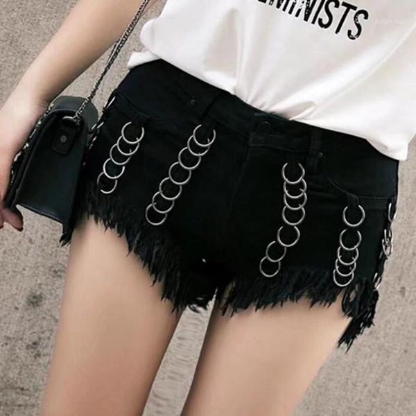 

female fashion 2020 summer punk women denim shorts casual mid waist rings tassels shorts gothic style black short jeans1, White;black