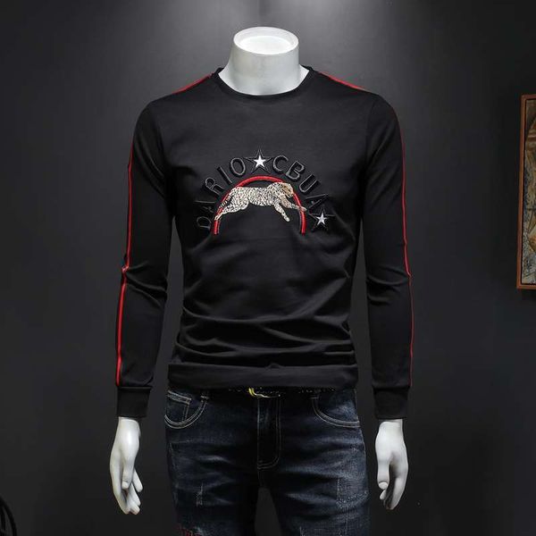 

autumn winter men's sweater round neck slim fitting fashion ins handsome embroidery long sleeve t-shirt youth student top, Black