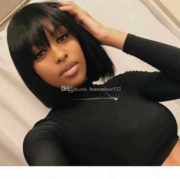

full lace human hair wigs short bob with bangs virgin hair glueless pre plucked front lace wig straight human hair for black women, Black;brown