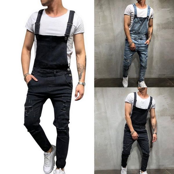 

men's demin jumpsuit pants jeans fashion ripped pants streetwears distressed denim overalls male suspender1, Black