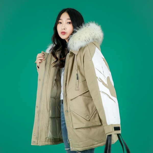

korean fashion print cotton parka coat womens winter oversized loose down cotton coats jackets women casual hooded jacket, Black
