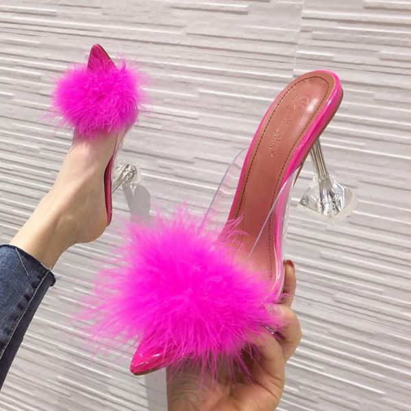 

2021 new european and female pointed out transparent spool jumps muller women's hairy shoes big size chinese pyaw, Black