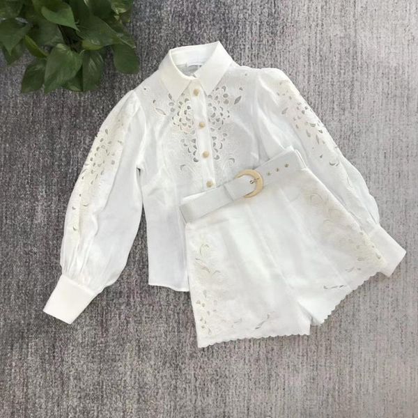

linen embroidery ivory white lantern sleeve shirt high waist was thin shorts suit female 2020 summer1, Gray
