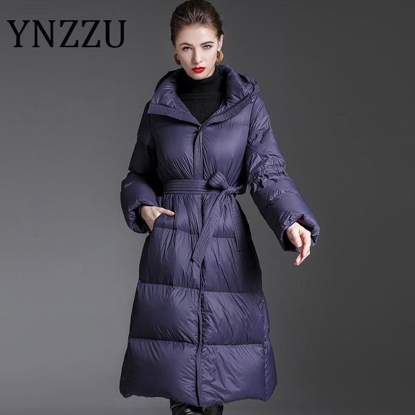 

ynzzu 2020 winter elegant women's down jacket long style hooded female 90% white duck down coat warm outwears a1625, Black