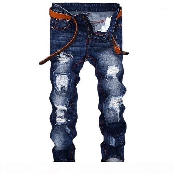 

puimentiua 2018 fashion men ripped jeans spring men patchwork hollow out printed beggar cropped pants man cowboys casual pants1, Blue