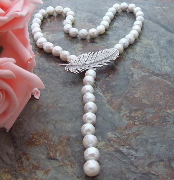 

35" 10-11 mm white keshi pearl necklace cz pendant, Silver