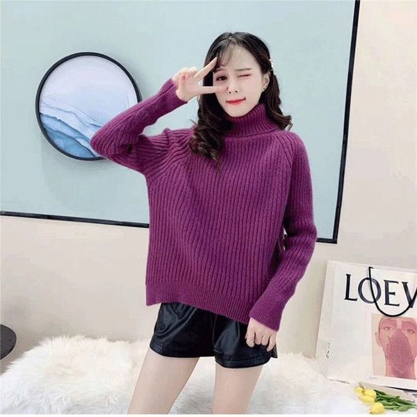 

2021 new korean style women's knitting large solid dimensions high-pit neck sweater office lady knitted shirts winter k0md, White;black