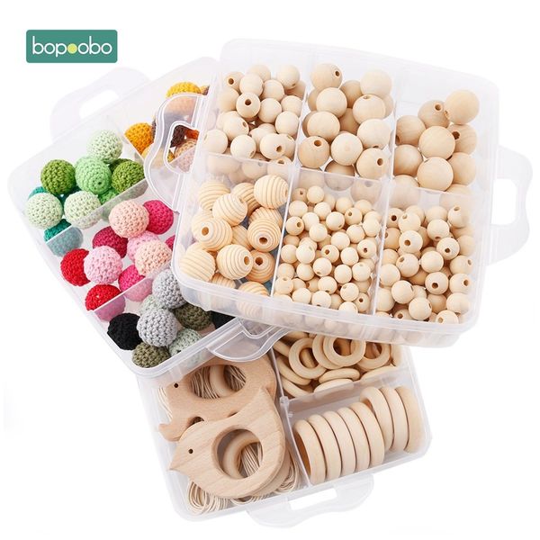 

bopoobo 1set baby rattle diy jewelry set crochet beads baby blending natural wooden beads silicone round geometry wooden teether 1020