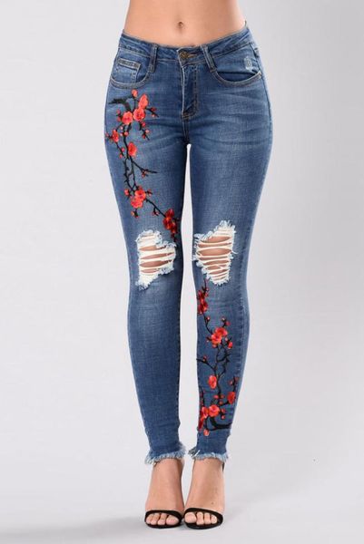 

plus size ripped hole embroidery floral high waist jeans skinny pencil bandage ladies denim pant streetwear vintage fashion, Blue