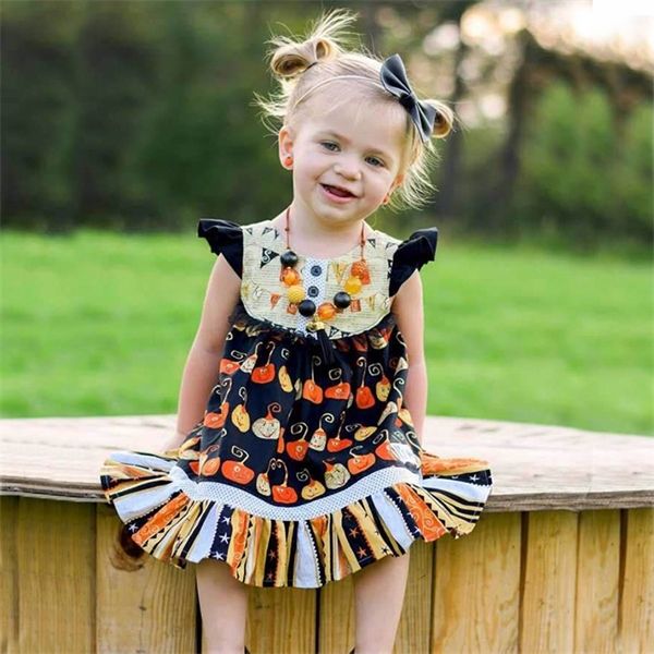 

halloween girl pumpkin floral printed dress girls' princess cotton draped crewneck baby sleeveless dress 1023, Red;yellow