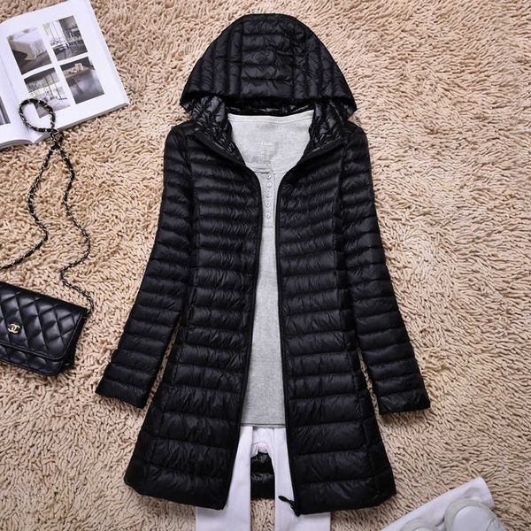 

new fashion solid color light middle long korean slim hooded women's down jacket, Black