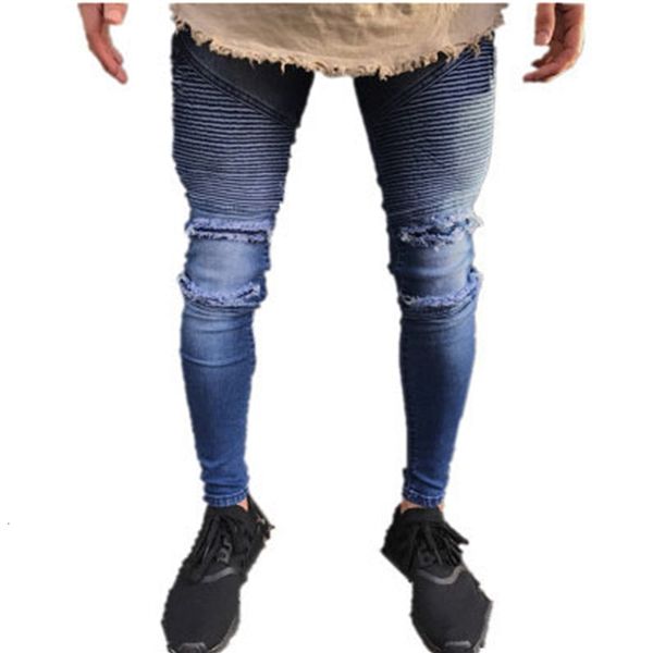

streetwear slim men's blue jeans pleated knee holes biker pants men's fashion biker jeans pants new 2021