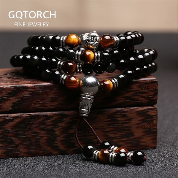 

rainbow obsidian bracelet buddha jewelry 108 beads with natural tiger eyes stone amulet charm bracelets for men and women y200730, Black