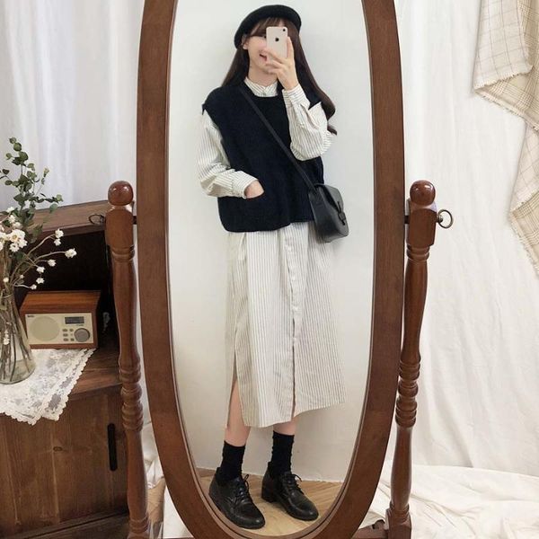 

new oversize sweater vest suits women dresses female dress suits vestido loose stripe long shirt dress vintage sell separately1, White