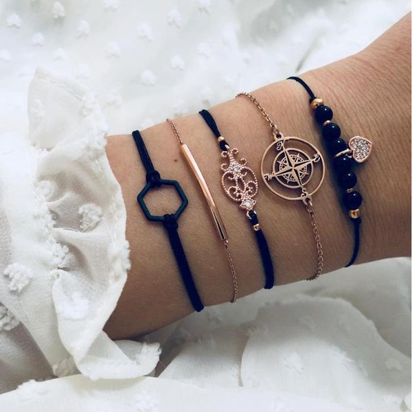 

5pcs/set fashion women bracelets compass hexagon black pearl black gold bracelet set female wedding party jewelry wear