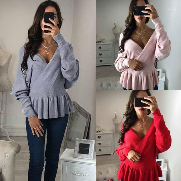

2020 women solid v-neck pullover autumn soft long sleeve sweatshirt winter casual loose knitting sweatshirt for woman1, Black