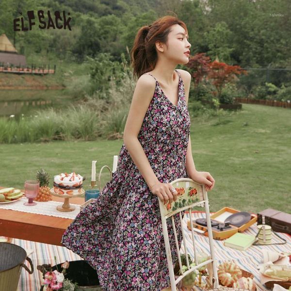 

casual dresses elfsack purple disty floral print slip dress women 2021 summer elf vintage sleeveless korean ladies holiday dresses1, Black;gray