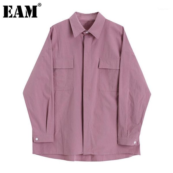 

eam] women brief pocket big size long blouse new lapel long sleeve loose fit shirt fashion tide spring autumn 2020 1da2041, White