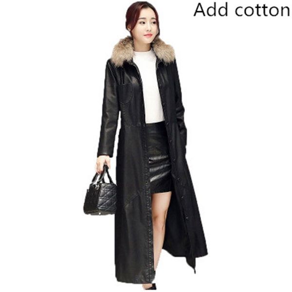 

2021 new female fake jacket elegant leather collar ladies long coats trench coat wxf102 n28s, Black