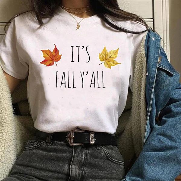 

women print clothes leaf thankful cute 90s pumpkin autumn fall halloween lady tees female t shirt womens t shirt, White