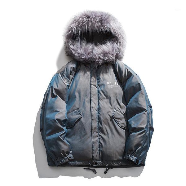 

men's down filled hooded parka winter fashion reflective jacket men with fur collar hip hop streetwear plus size blouson homme1, Black;brown