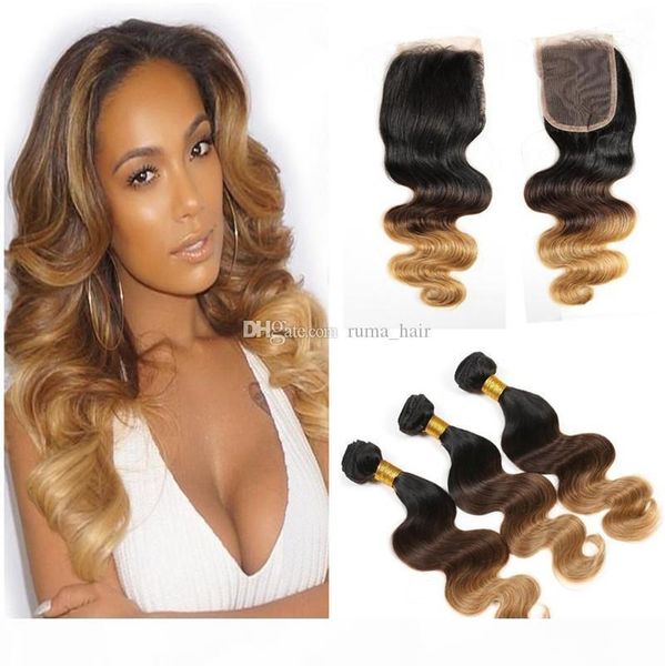 

three tone bundles with lace closure 1b 4 27 honey blonde ombre hair bundles with lace closure body wave peruvian virgin hair weave, Black;brown