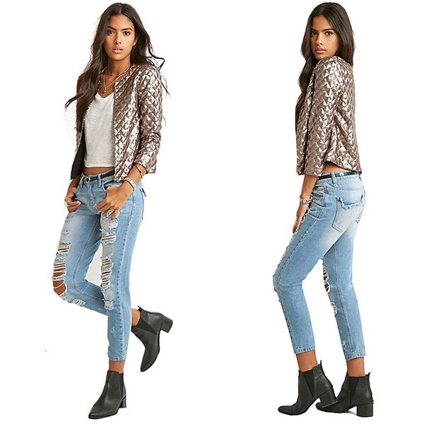 

bomber jacket women bolero gold sequin jackets sweet casual coats lozenge slim autumn fashion 3/4 sleeves outwear, Black;brown