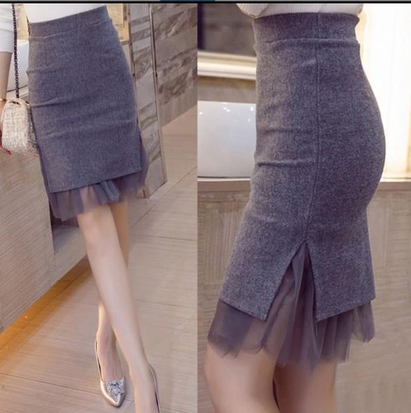 

skirts 2021 autumn and winter woolen bag hip skirt net yarn lace oversize short ladies slim, Black
