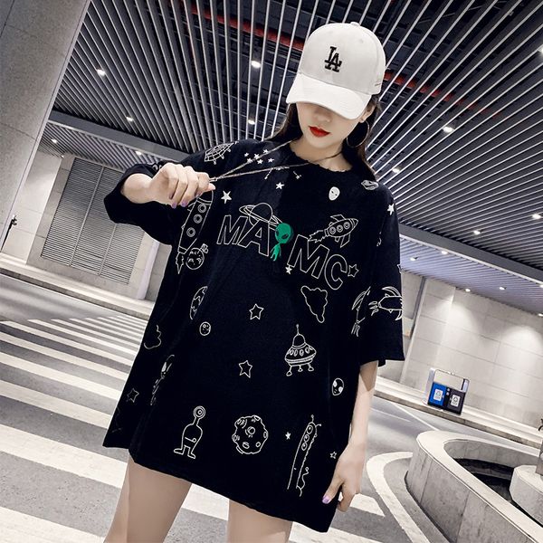 

l8877# european heavy industry black t-shirt female cartoon short sleeve lower garment disappears medium length large version loose, White
