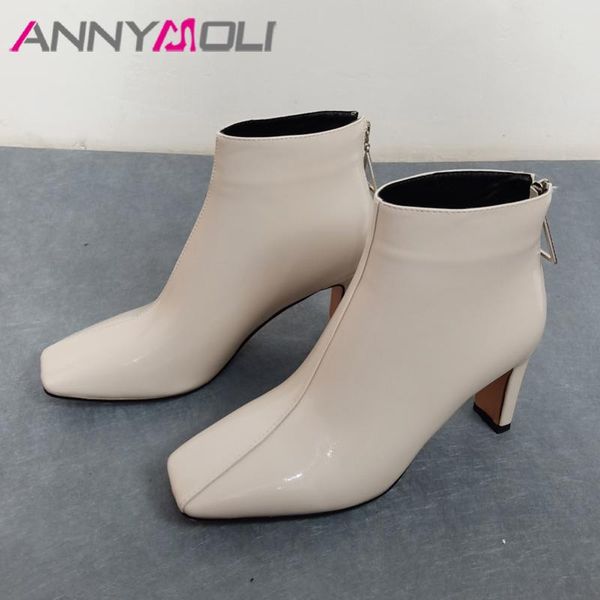 

annymoli women ankle boots shoes square toe thick heels short boots zipper high heel ladies autumn winter black beige 43
