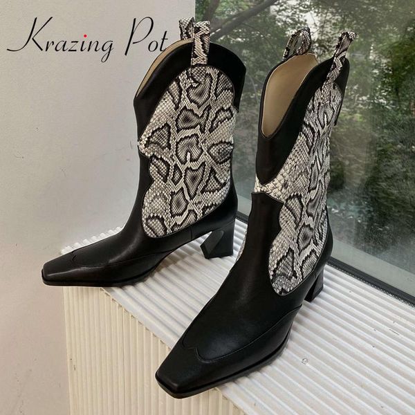 

krazing pot cow leather small square toe high heel western boots patchwork mature lady fashion slip on cozy mid-calf boots l33, Black