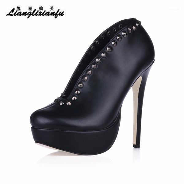 

boots llxf arrived ankle 14cm thin heels rivet dress shoes woman stiletto female platforms pumps plus:35-40 botas mujer1, Black