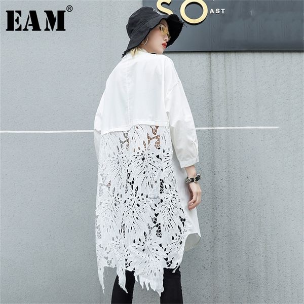 

[eam]2020 new spring autumn stand collar long sleeve back lace hollow out spliced big size shirt women blouse fashion tide lj200815, White