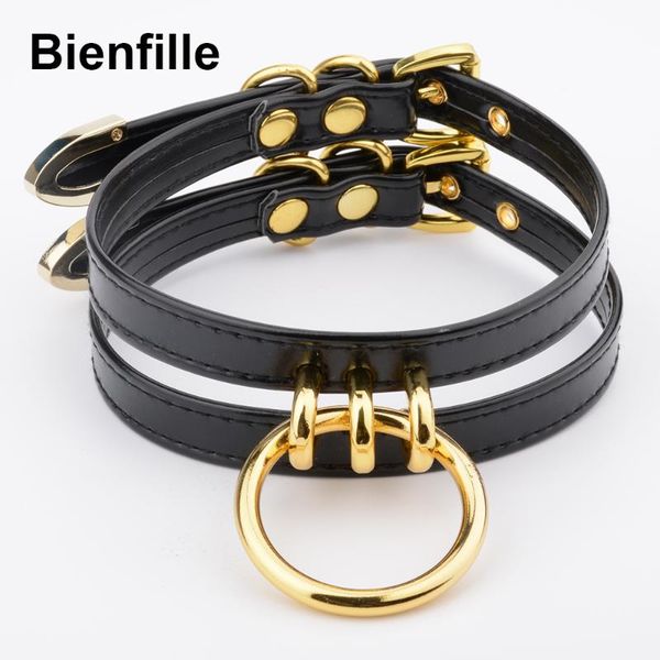 

chokers classic caged frame collar hand crafted pu leather cut out choker gothic gold metal o round shape necklace women, Golden;silver