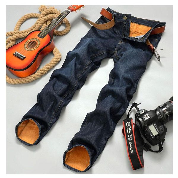 

2020 men's winter warm plus velvet straight jeans male classic thick fleece denim pants plus large size trousers ing, Blue