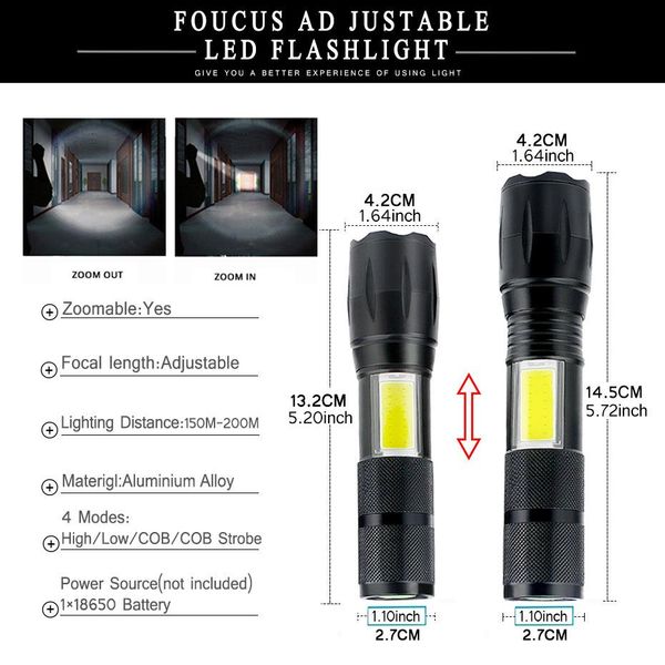 

led flashlight side cob lamp design t6 2000 lumens zoomable led torch flashlight aluminum 4 light modes for 18650 battery bbyuzn alice_bag