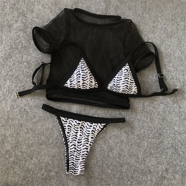 

new 3 piece bikini women solid black mesh bandgae swimsuit short sleeve push up padded swimwear summer hollow out bathing suit, Black;white