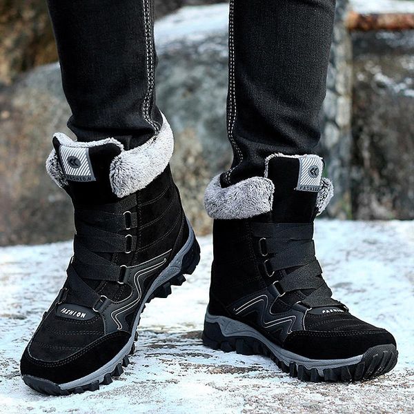 

leather men boots winter with fur super warm snow boots men winter work casual shoes sneakers high rubber ankle female, Black