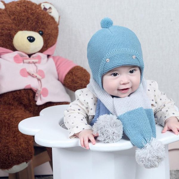 

knit woolen baby hats scarf set with pom turban warm bonnet caps soft hat for childern girls boys elastic beanies autumn winter1, Slivery;white
