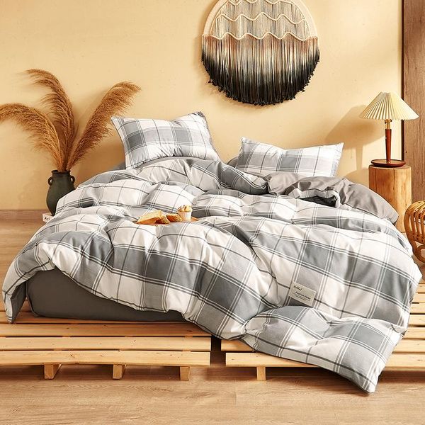 

bedding sets 4pcs grey plaid set printed bed sheet flat skirt spread cover quilt king  twin size