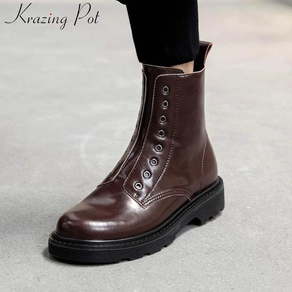 

krazing pot 2020 comfortable split leather round toe zipper motorcycle boots platform vintage preppy style solid ankle boots l23, Black