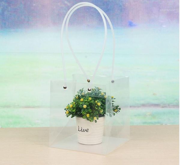 

transparent square bags with pvc rope flower gift packing shopping boutique carrier soft pvc handle pounch sn19571